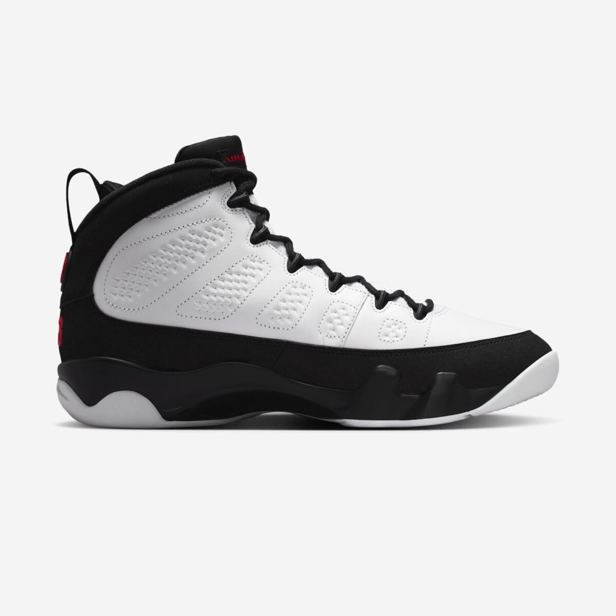 Air Jordan 9 OG Space Jam in White, True Red, and Black colorway with updated OG mold and Tune Squad packaging - detail view 3