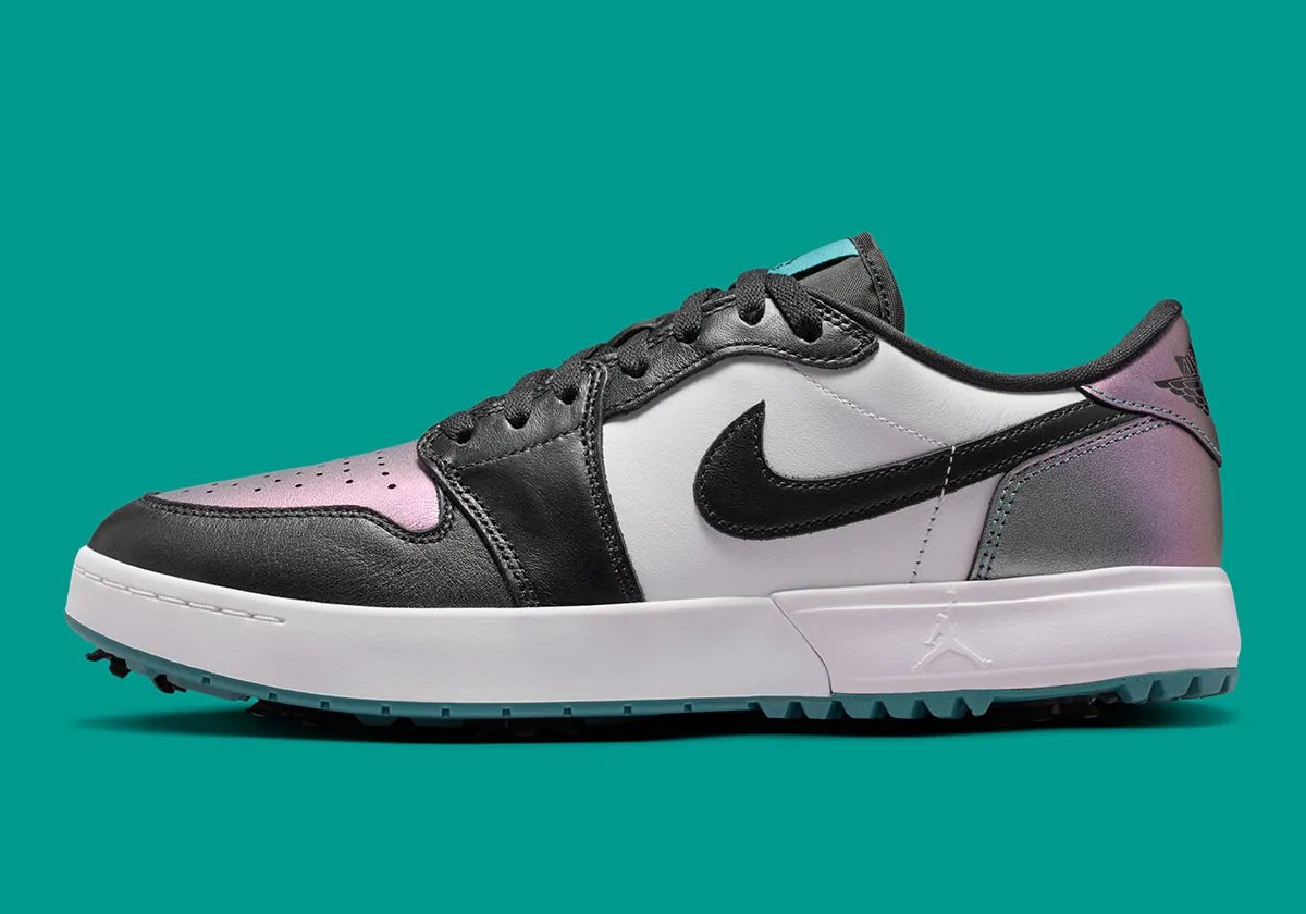 Air Jordan 1 Low Golf "Chameleon" with iridescent Mineral Teal leather and black accents, featuring radial golf spikes on teal outsole - detail view 1