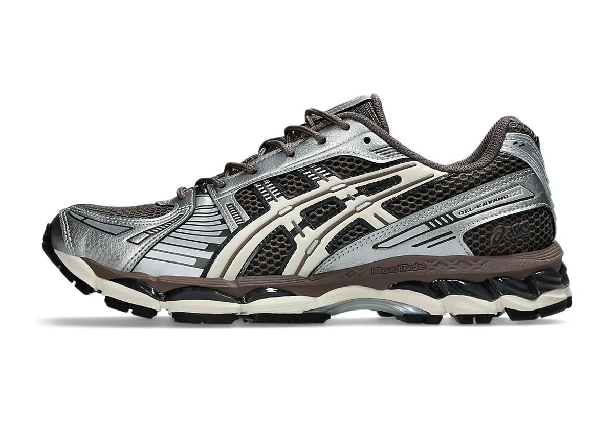 ASICS GEL-Kayano 12.1 Chocolate with brown mesh upper, silver overlays, and off-white sole unit - detail view 2