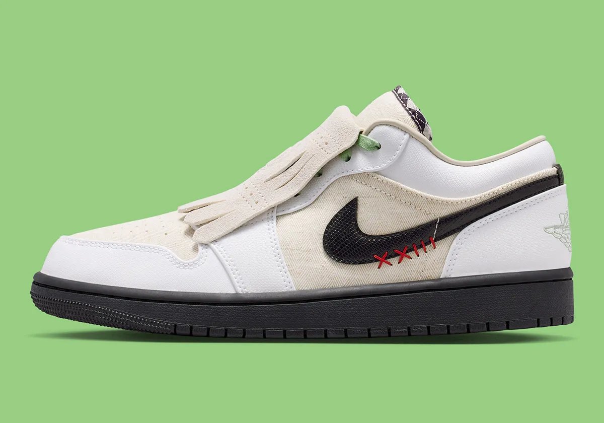 Air Jordan 1 Low Golf Shroud in Light Orewood Brown canvas and white leather with detachable kilties - detail view 1