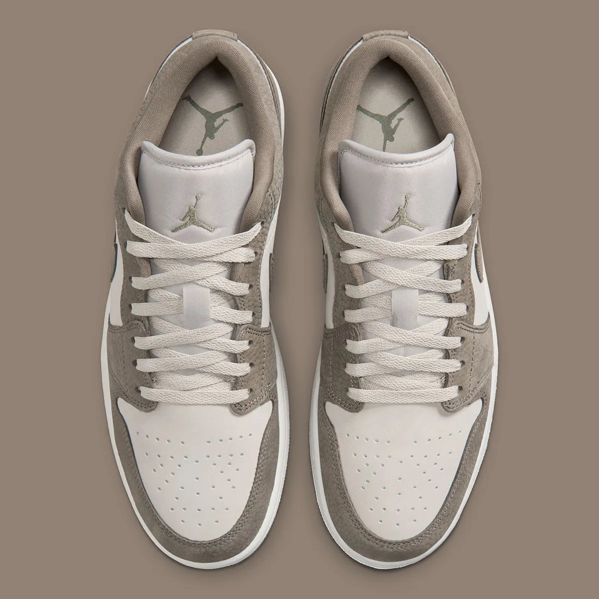 Air Jordan 1 Low in Olive Grey with pebbled leather overlays and Silver Sage base, shown from multiple angles - detail view 4