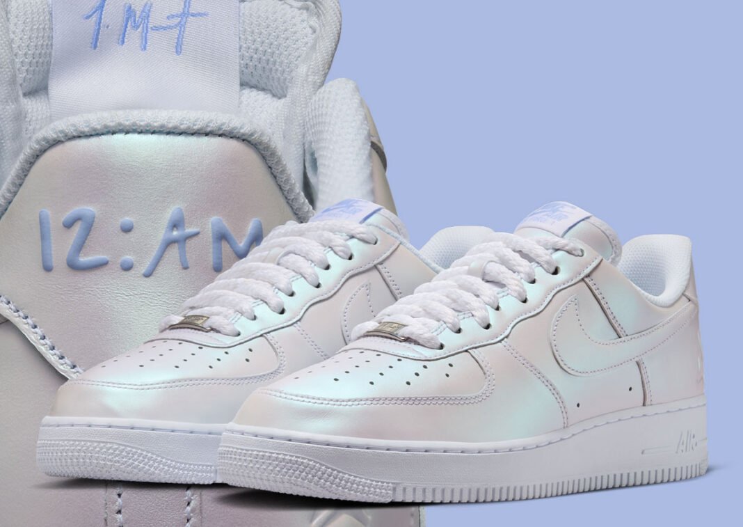 Ja Morant x Nike Air Force 1 Low Pearl in white with pearl finish and cobalt blue accents, featuring braided rope laces and silver lace dubrae - detail view 1