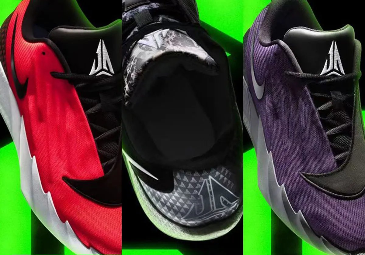 Nike Ja Morant Twelve Time in black, red, and white colorway with asymmetrical lace-stay design and molded sidewall notches - detail view 3