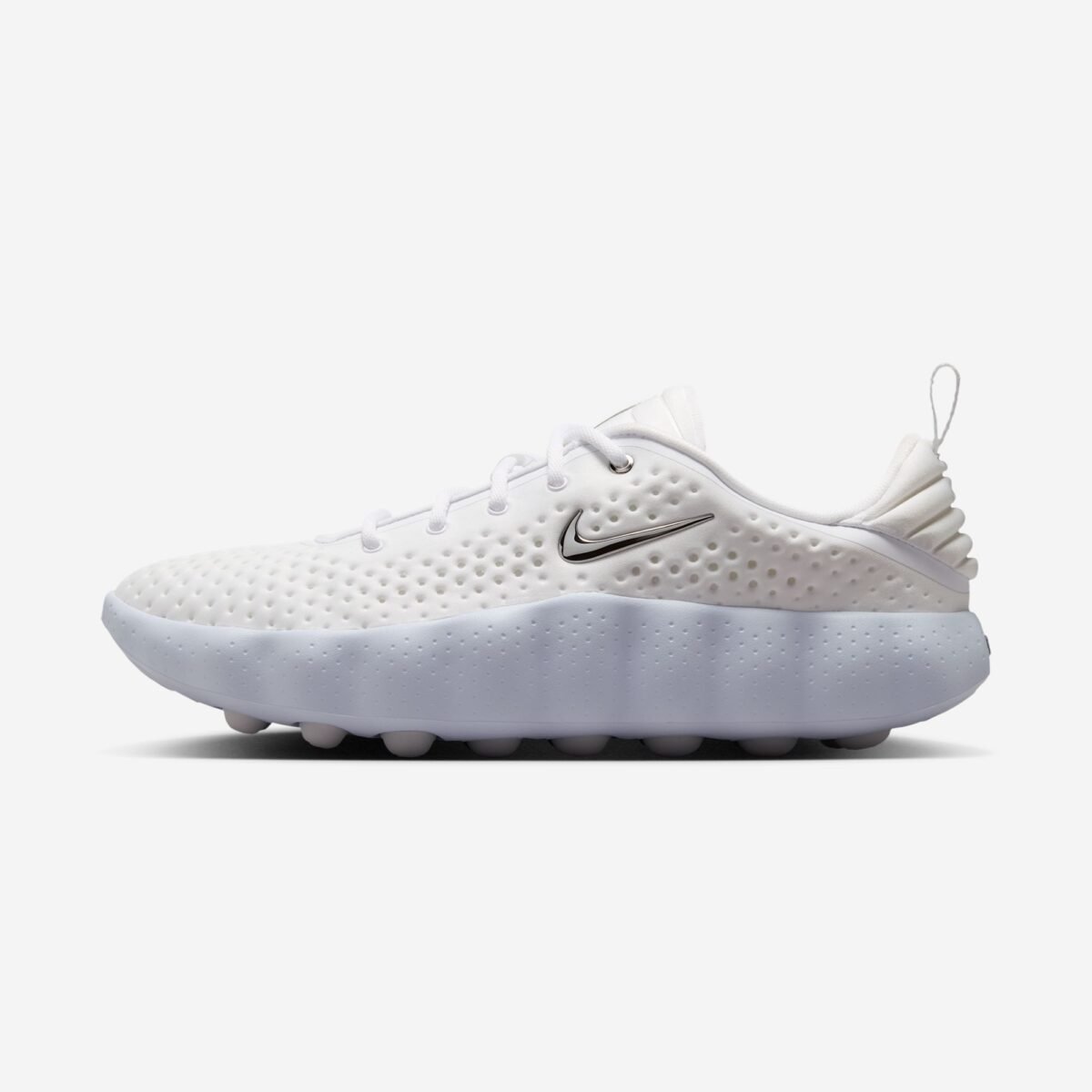 Nike Mind 002 Triple White colorway in white, grey, and metallic silver, releasing July 23, 2026 - detail view 2
