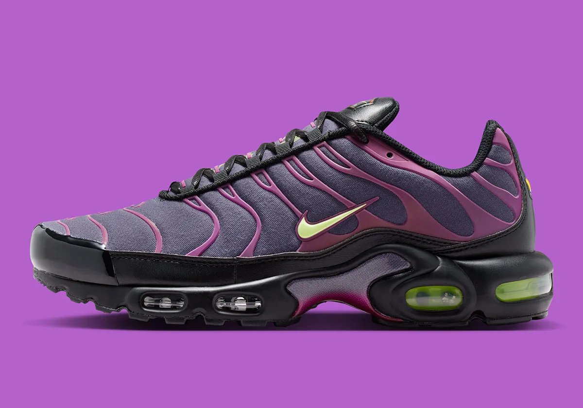 Nike Air Max Plus in Dark Raisin with Liquid Lime accents, featuring denim paneling and flaming yin/yang interior graphic - detail view 1