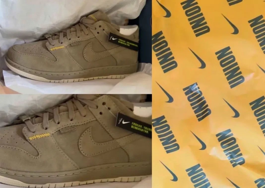 Union LA x Nike Dunk Low 'Bamboo' in olive suede with exposed stitching and folding heel detail - detail view 1