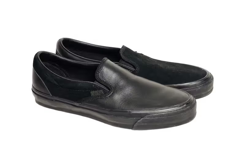 Engineered Garments x Vans Slip-On 98 in black colorway, detail view of mixed-material upper construction - detail view 1