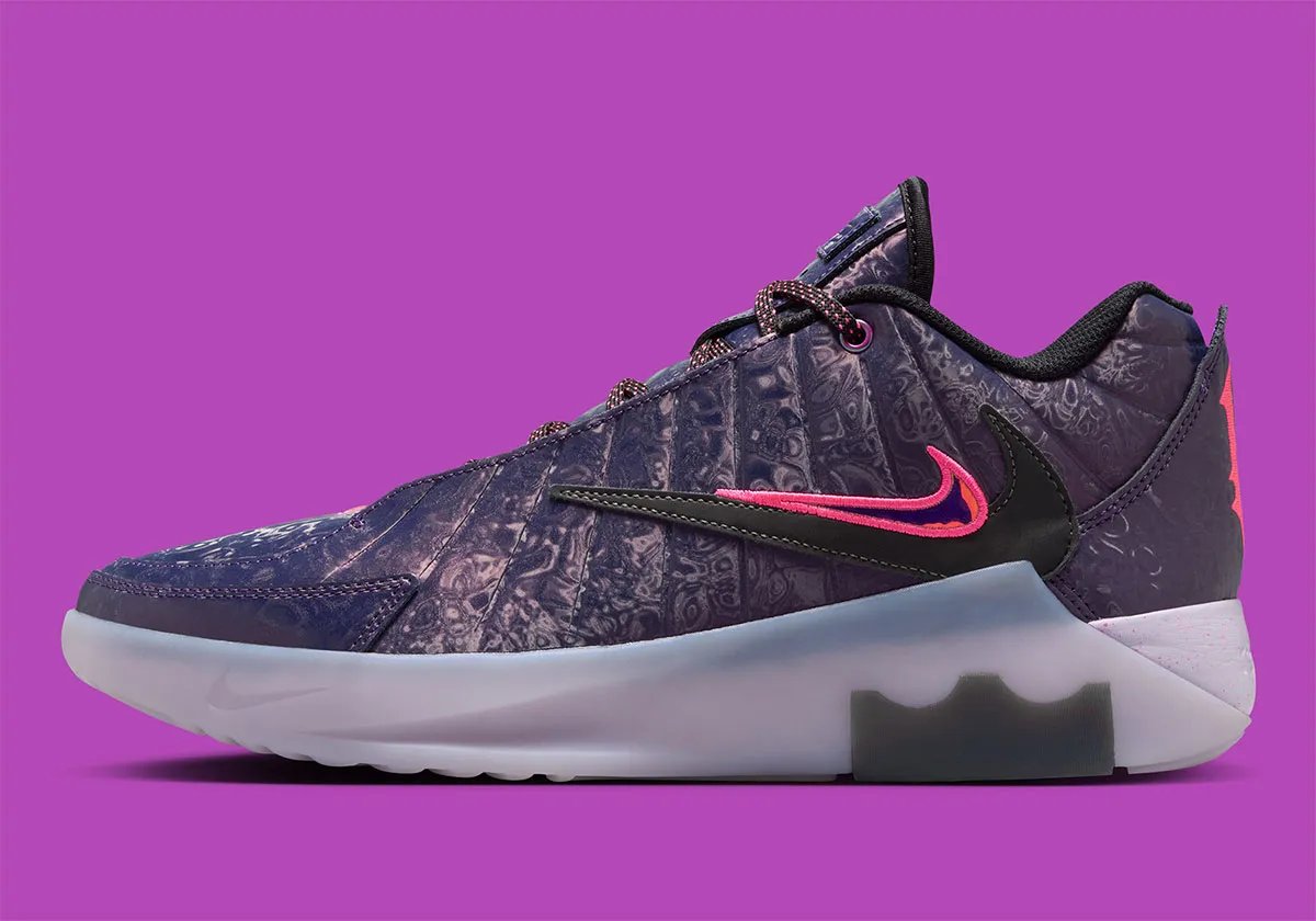 Bronny James Nike LeBron Witness 9 Midnight Navy player exclusive with oil slick textures and neon green and pink Swoosh detailing - detail view 1