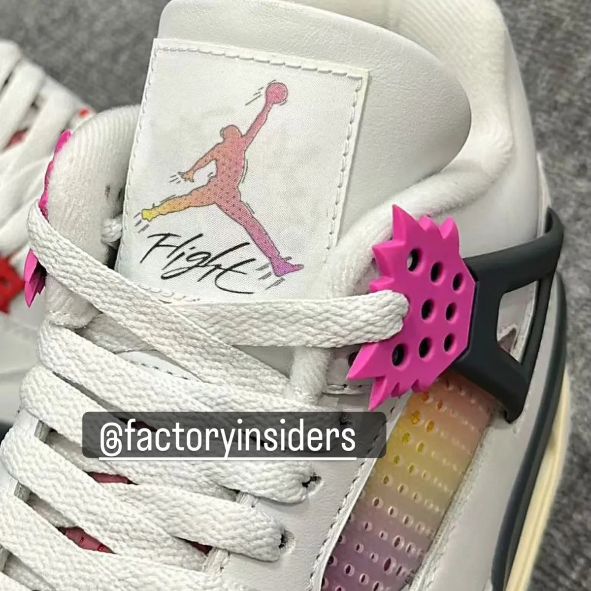 Air Jordan 4 'Comic' featuring Fire Pink text bubble eyestay and comic book-inspired bubble lettering on Off White leather upper - detail view 1