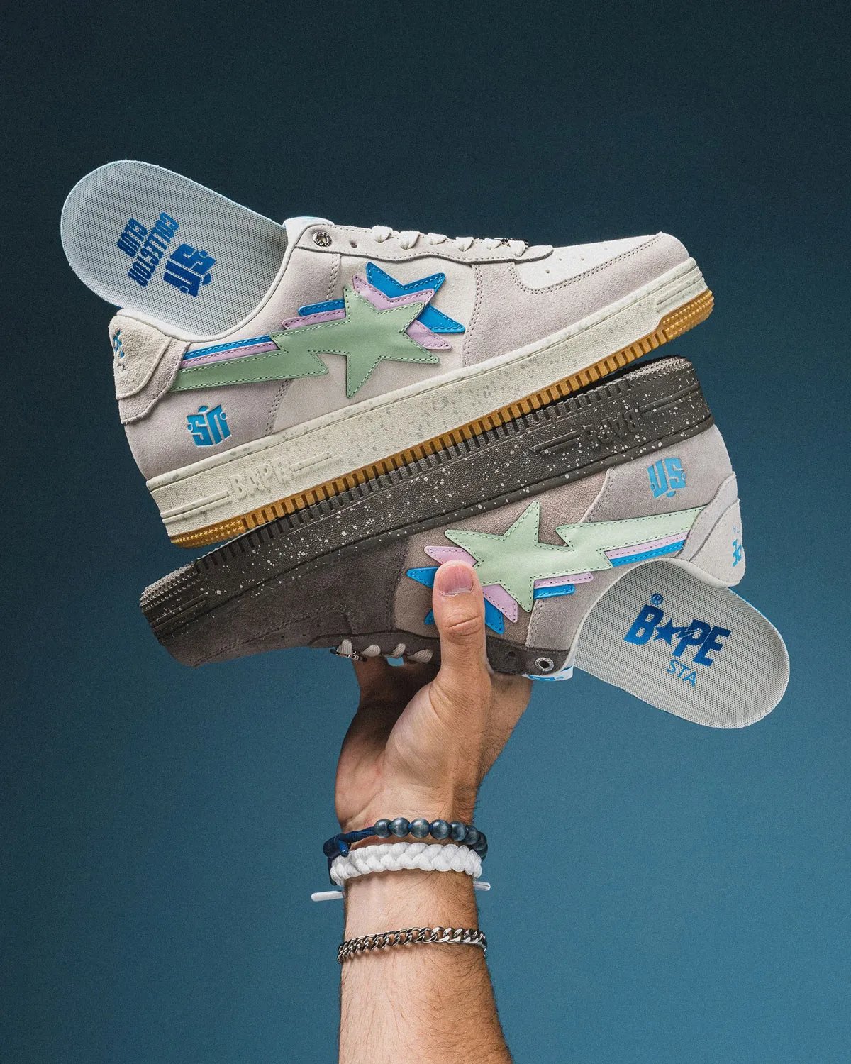 Sneaker News x A Bathing Ape Bape Sta collaboration in white Day and grey Night colorways featuring triple-stacked logos - detail view 5