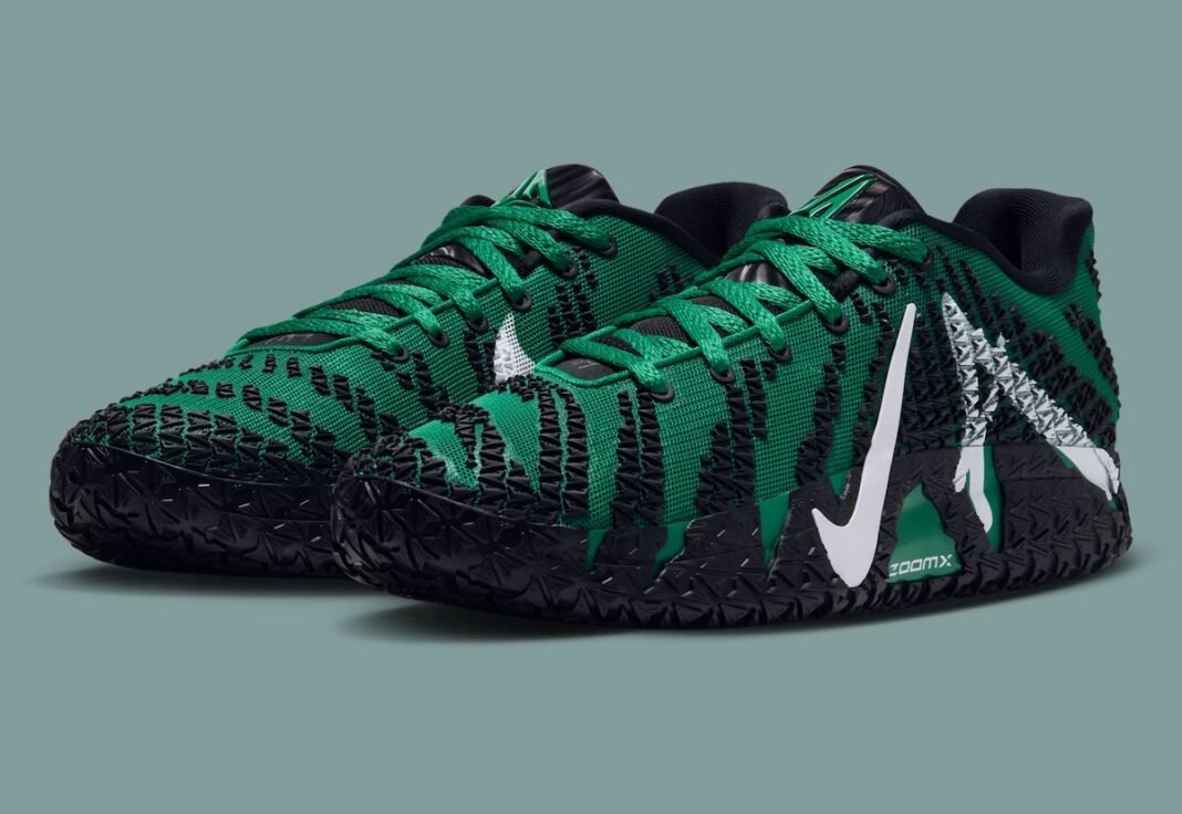 Nike Ja 3 'Garden' in malachite green with white Swoosh and oversized lateral A branding, inspired by Ja Morant's Madison Square Garden player-exclusive - detail view 1