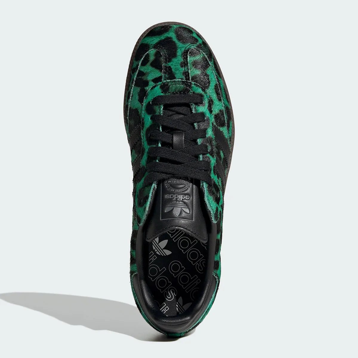 adidas Samba in viridescent green with pony hair leopard print upper and dark gum sole - detail view 2