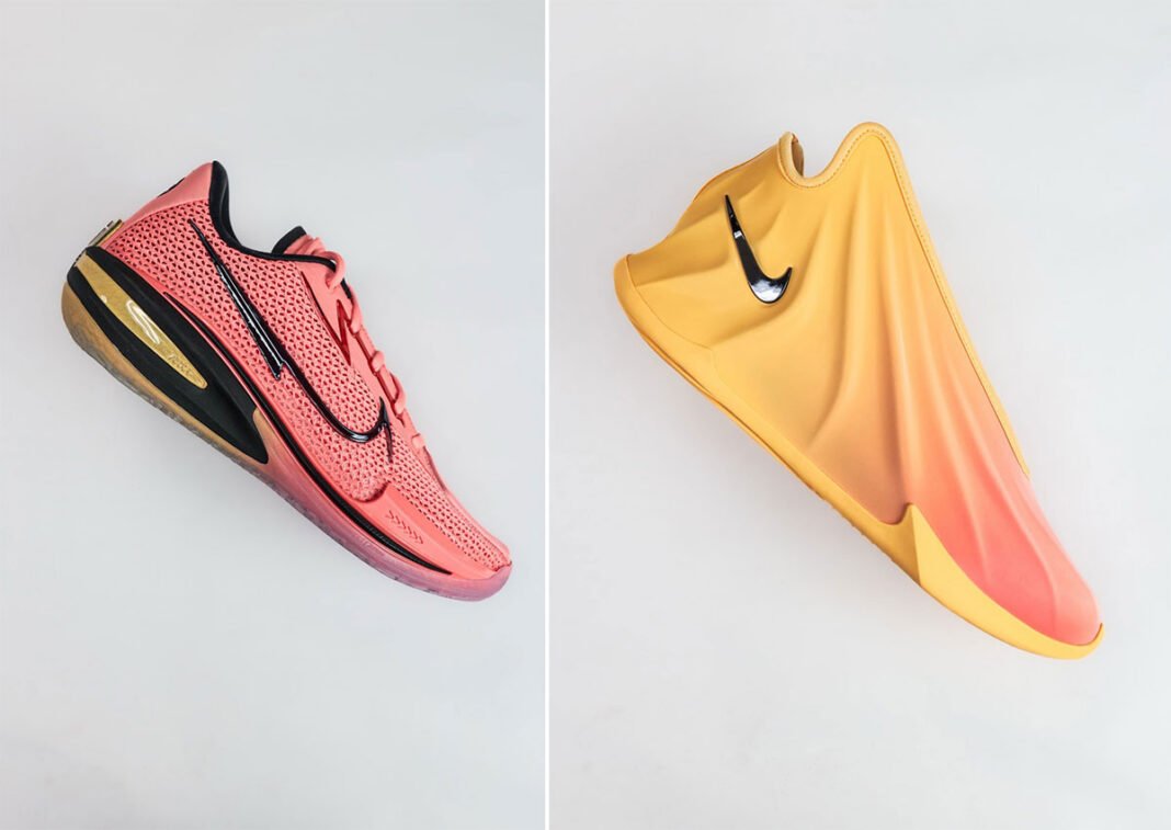Nike GT Future EYBL exclusive in peach-to-yellow gradient with metallic silver Swoosh and black laces - detail view 1