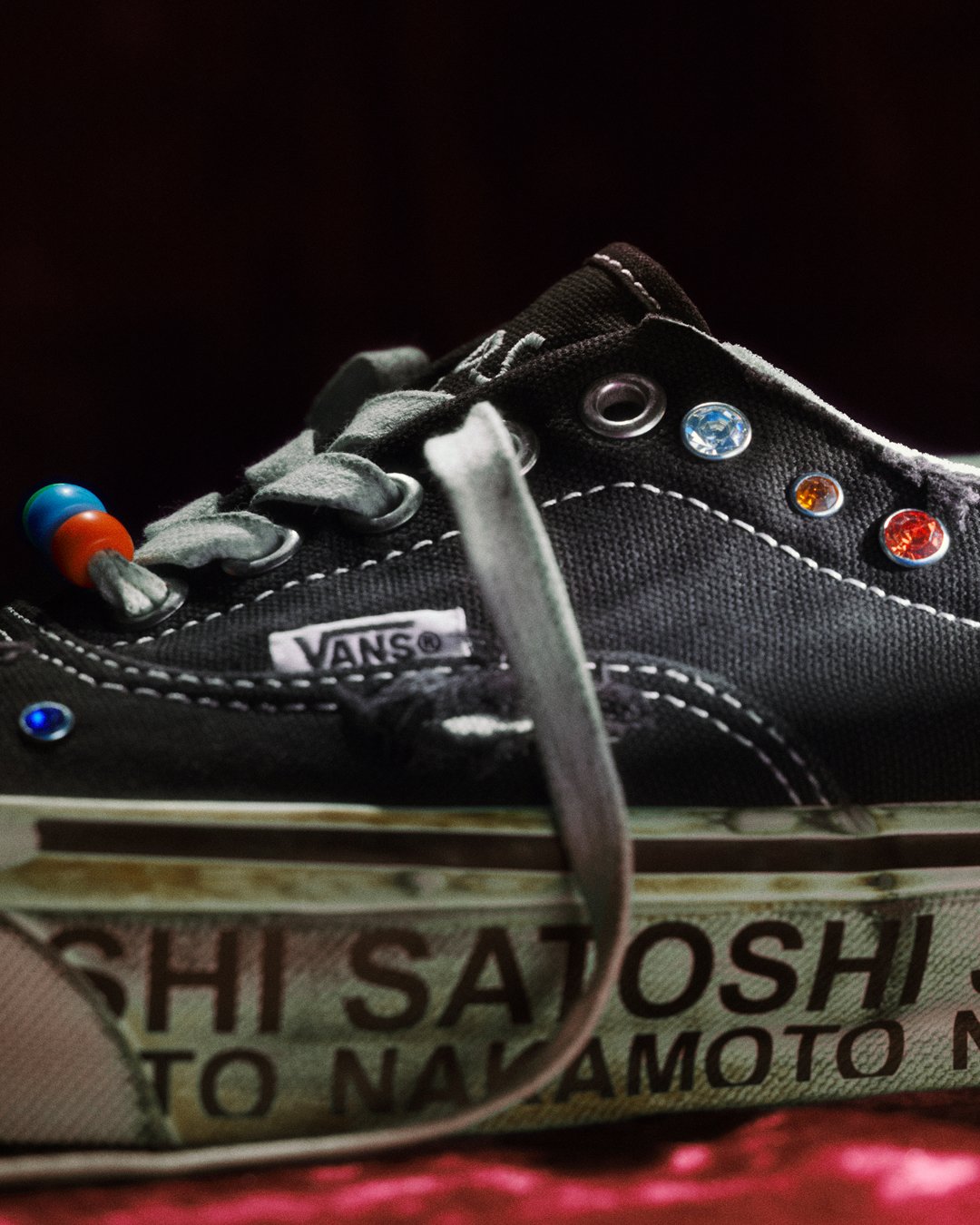 Vans Era 95 x Satoshi Nakamoto Gems sneaker in neutral earth tone colorway, side profile view - detail view 1