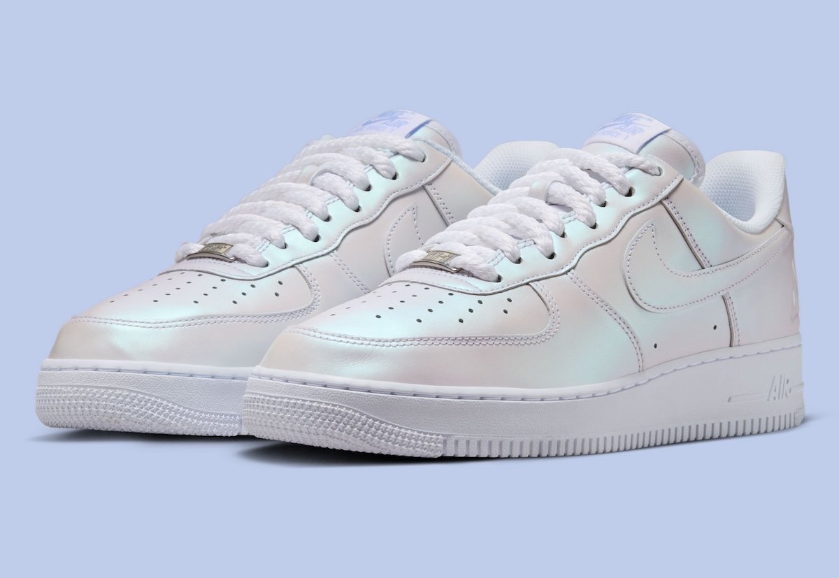 Ja Morant x Nike Air Force 1 Low Pearl in white with pearl finish and cobalt blue accents, featuring braided rope laces and silver lace dubrae - detail view 2