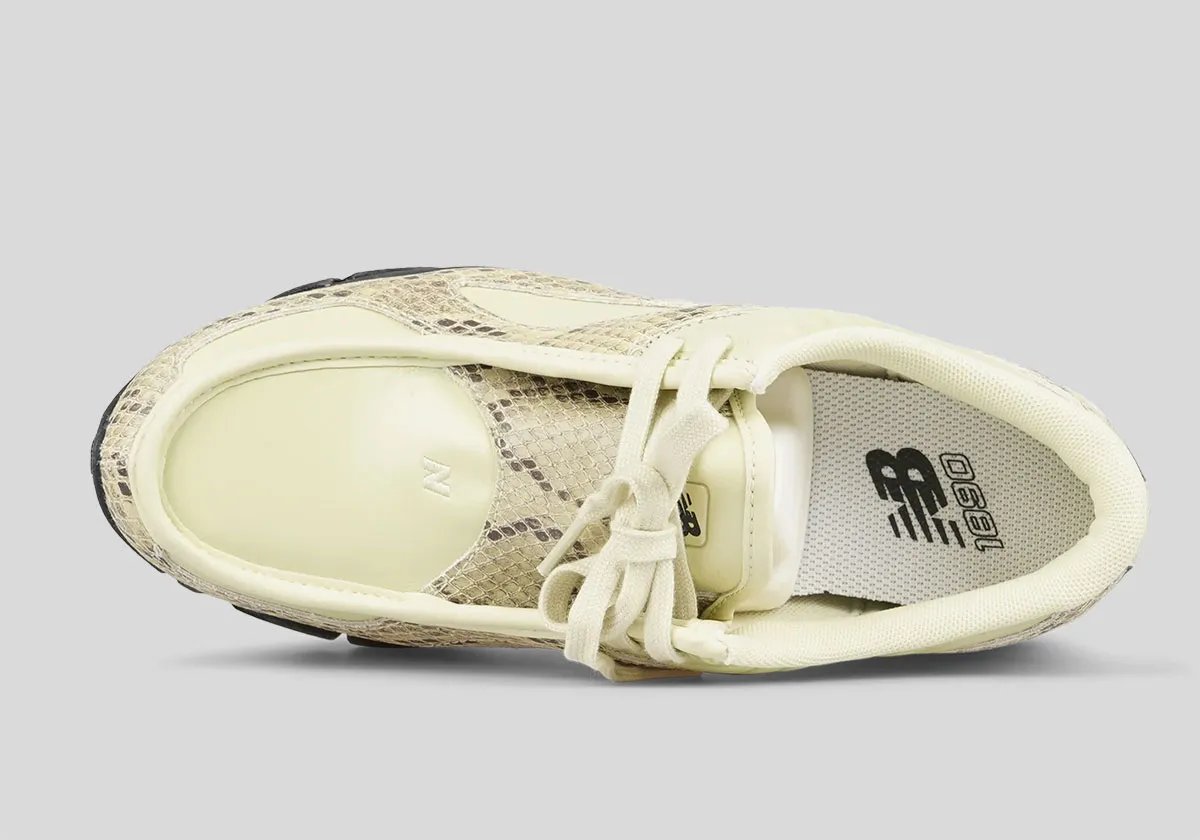New Balance 1890A moccasin hybrid in pale yellow leather with snakeskin overlays, side profile view - detail view 5