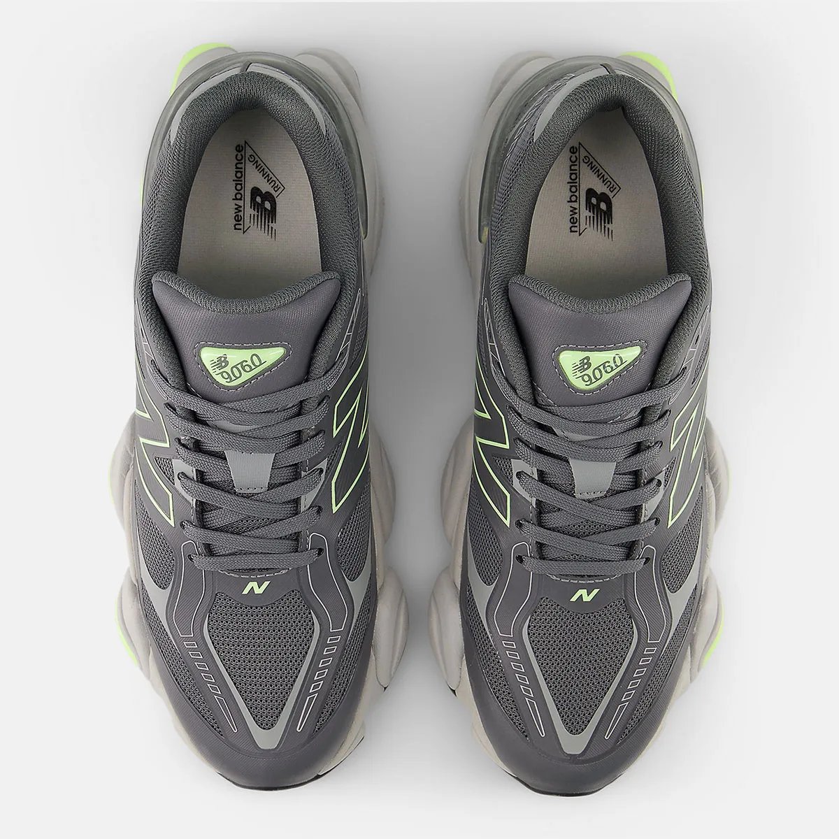 New Balance 9060Z in night vision-inspired colorway showing asymmetrical collar and mixed textile upper - detail view 3
