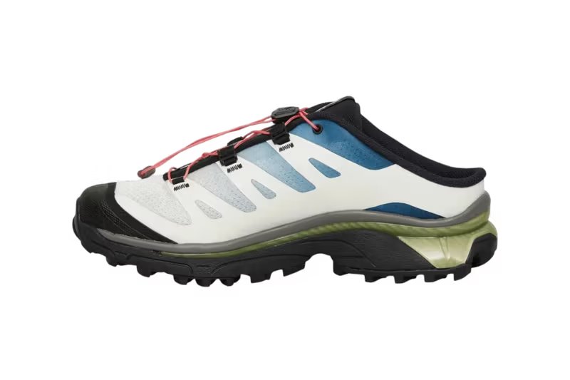 MM6 Maison Margiela x Salomon XT-4 MULE in Vanilla Ice and Black colorways, showing the open-heeled mule silhouette with technical trail shoe details - detail view 3