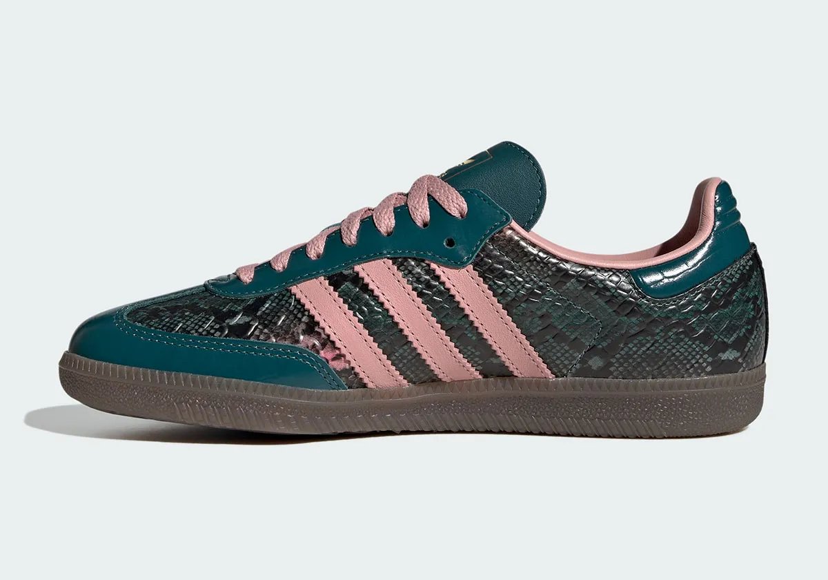 adidas Samba in teal snakeskin with iridescent pink finish and gum sole - detail view 1