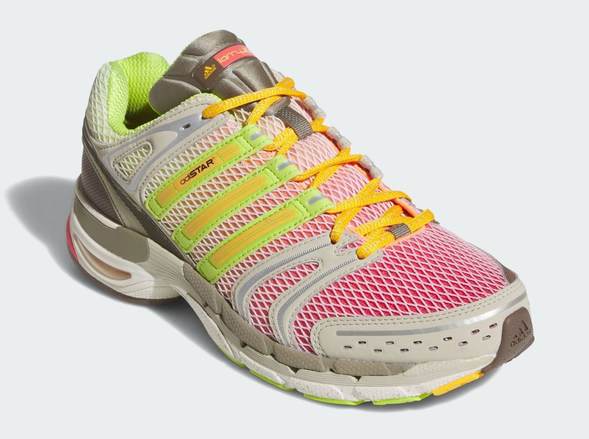 Larry June x adidas Adistar Control 5 collaboration in Semi Lucid Red and Semi Solar Slime-Clay, featuring layered grey and beige upper with green, orange, and red accents - detail view 4