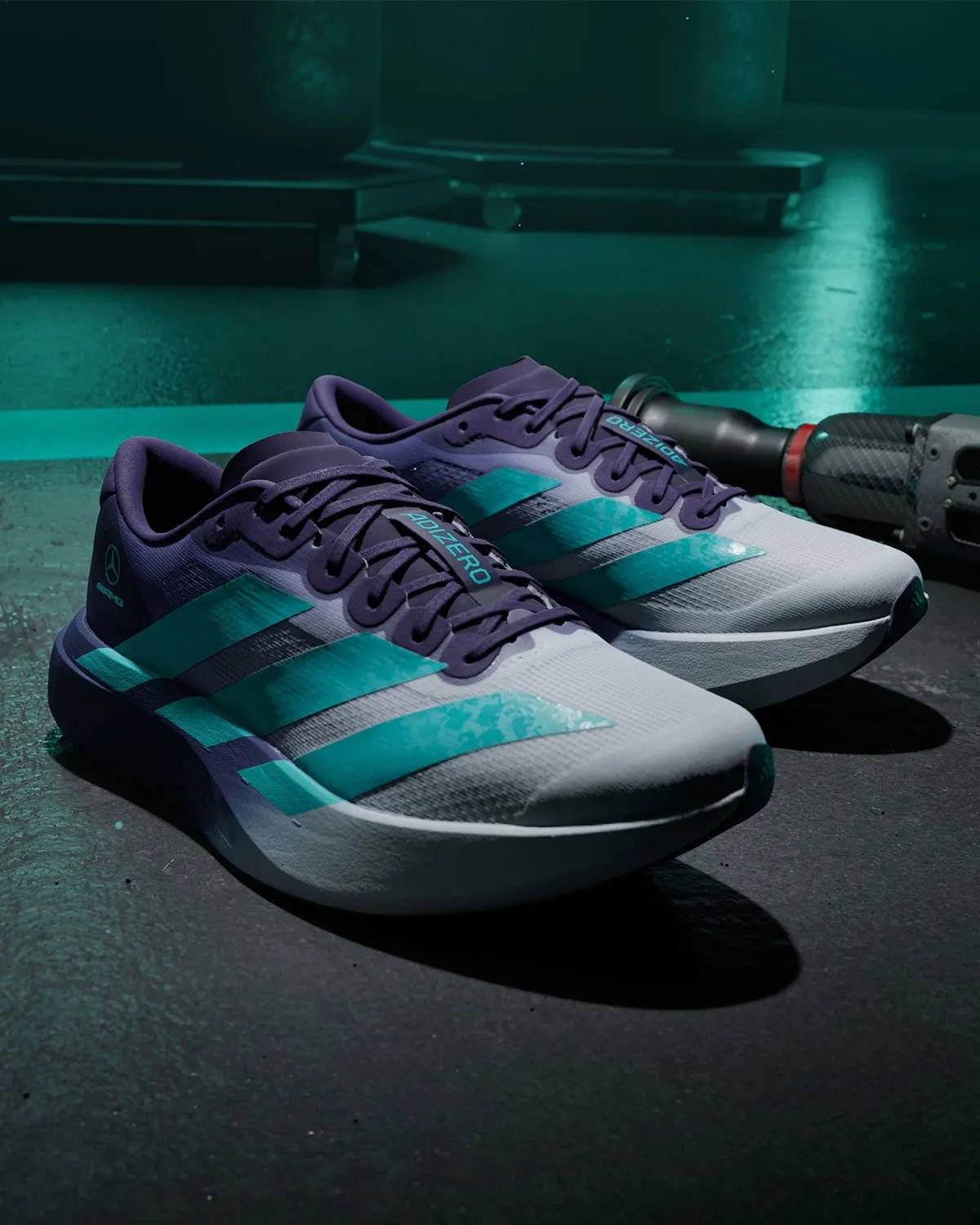 Mercedes AMG Petronas F1 x adidas adiZero EVO SL in Vanda orchid purple gradient with hi-vis teal Three Stripes accents - detail view 4