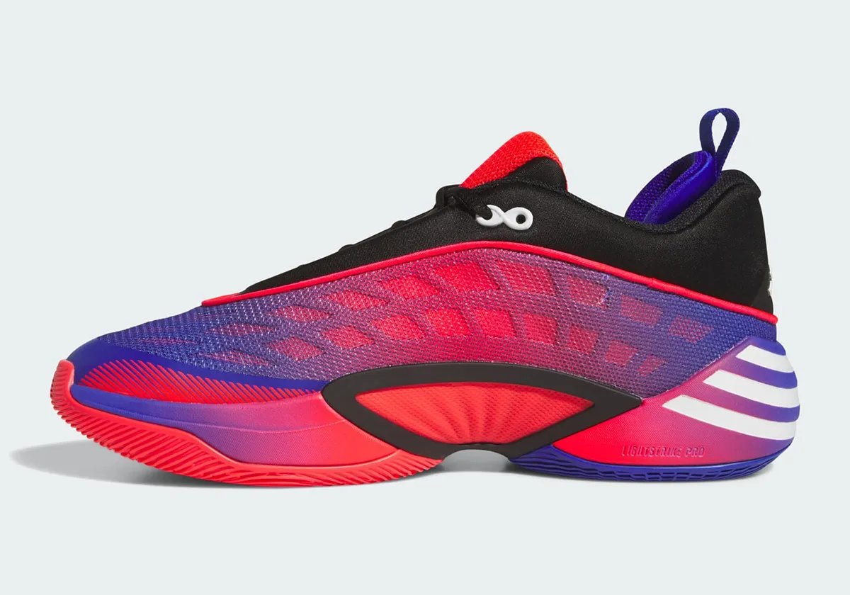 adidas DON Issue 8 Spider-Man colorway featuring webbed overlay design with blue-to-red and red-to-blue gradients on black and white base - detail view 3