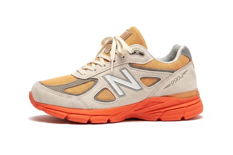 New Balance 990v4 MADE in USA in Moonbeam, Tangerine Heat, and Dried Orange colorway, side profile view - detail view 4