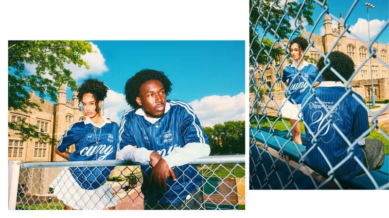 CUNY x adidas NYC by CUNY Spring 2026 collection featuring graphic tees with NYC bodega imagery, denim tote, and campus-inspired crewnecks - detail view 3