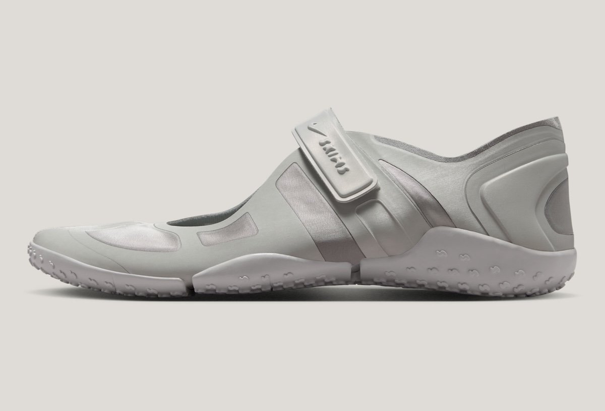 Nike SKIMS Rift Satin in Night Silver with tonal grey colorway, showing split-toe design and stretch textile upper with molded support panels - detail view 3