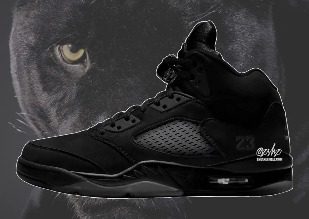 Air Jordan 5 Black Cat in black nubuck with Nike Air heel branding and original-style 23 detailing, scheduled for Fall 2027 - detail view 1