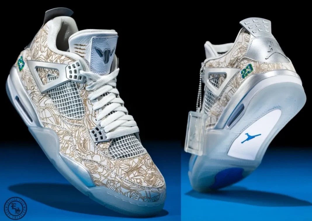 Maya Moore's custom Air Jordan 4 "Laser" PE in white leather with laser engraving and Minnesota Lynx team color accents - detail view 1