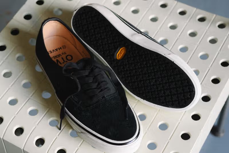 HAVEN x OTW by Vans Authentic 44 Vibram in black, showing minimalist monochrome upper and Vibram sole tooling - detail view 2