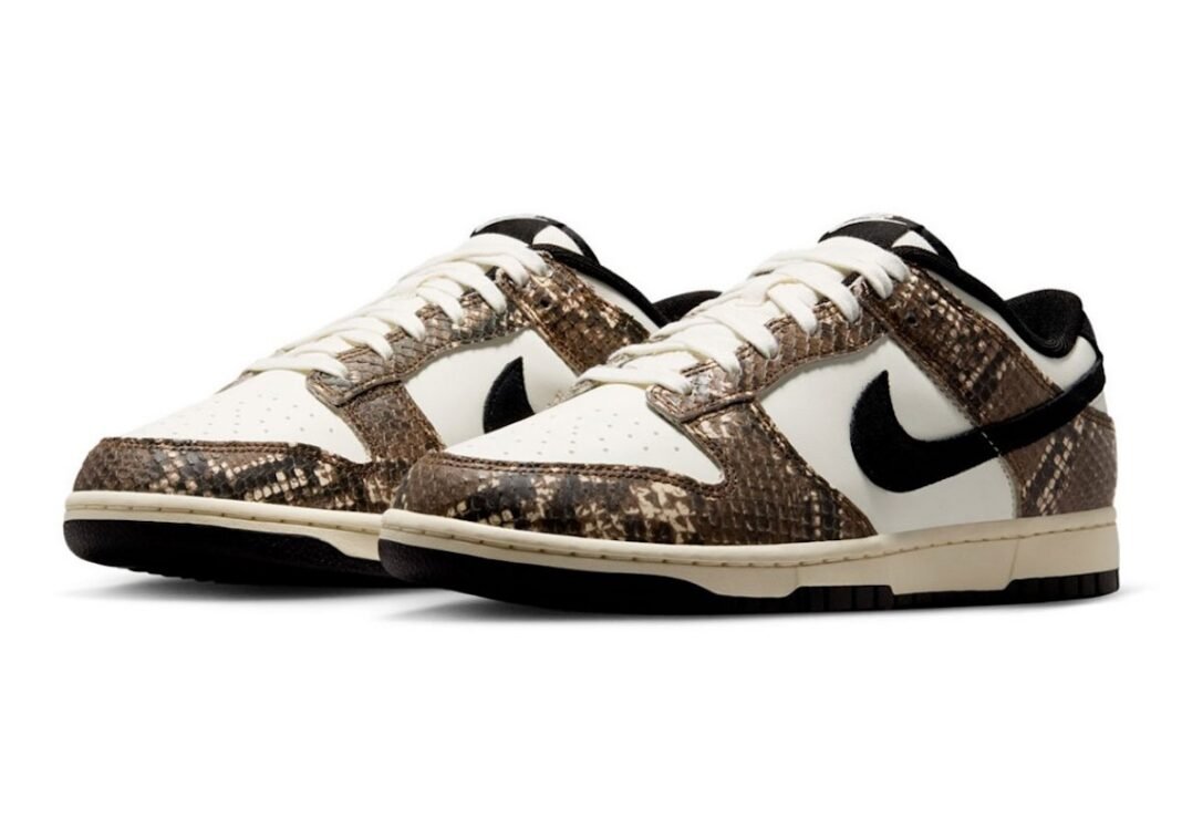 Nike Dunk Low Snakeskin in brown with pearl leather and black suede accents, releasing Summer 2026 - detail view 1