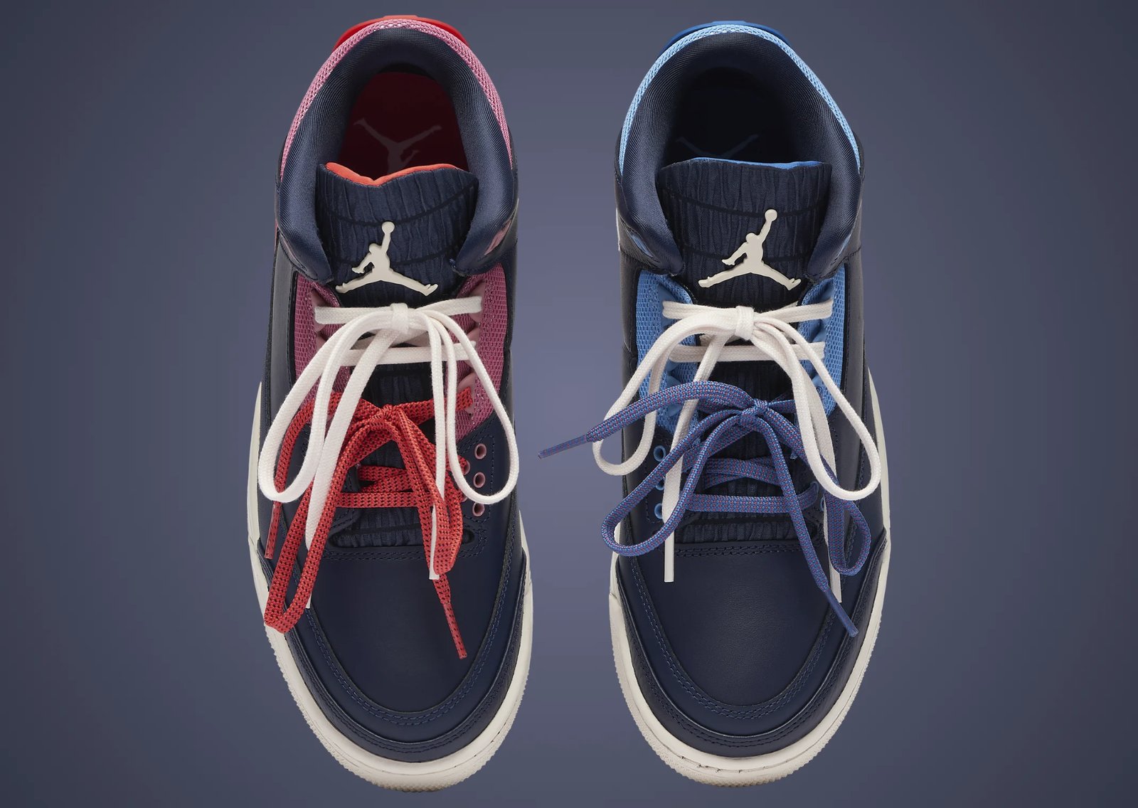 Air Jordan 3 Retro Sports Renaissance women's exclusive showing asymmetric navy, baby blue, and pink colorway with jogger-style tongue detail - detail view 2
