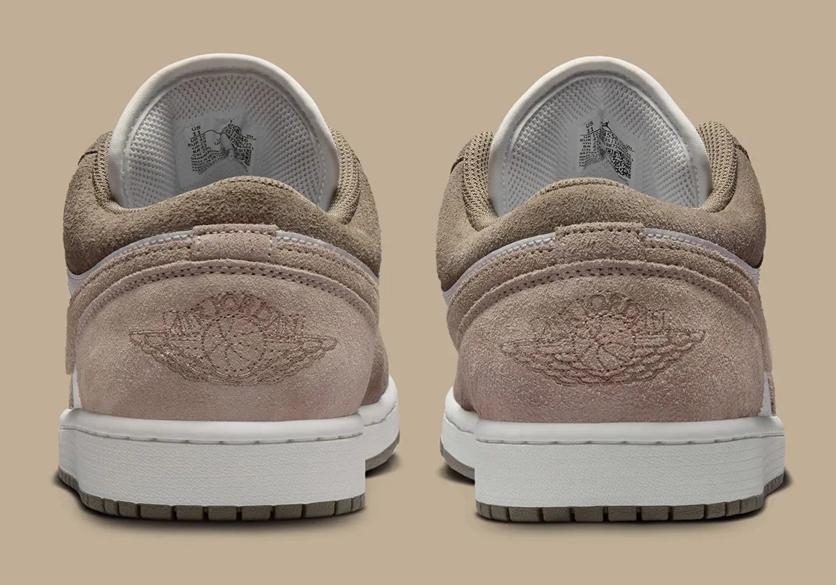 Nike Air Jordan 1 Low in Olive Grey suede, showing detailed quarter panel and toe box construction - detail view 5