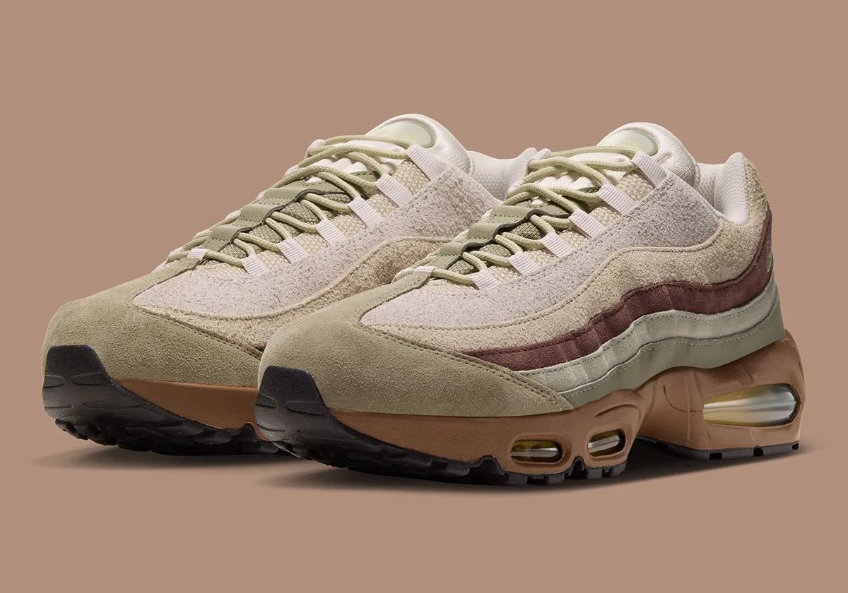 Nike Air Max 95 Phantom/Dark Hazel in full suede construction with gum rubber sole and white midline trim