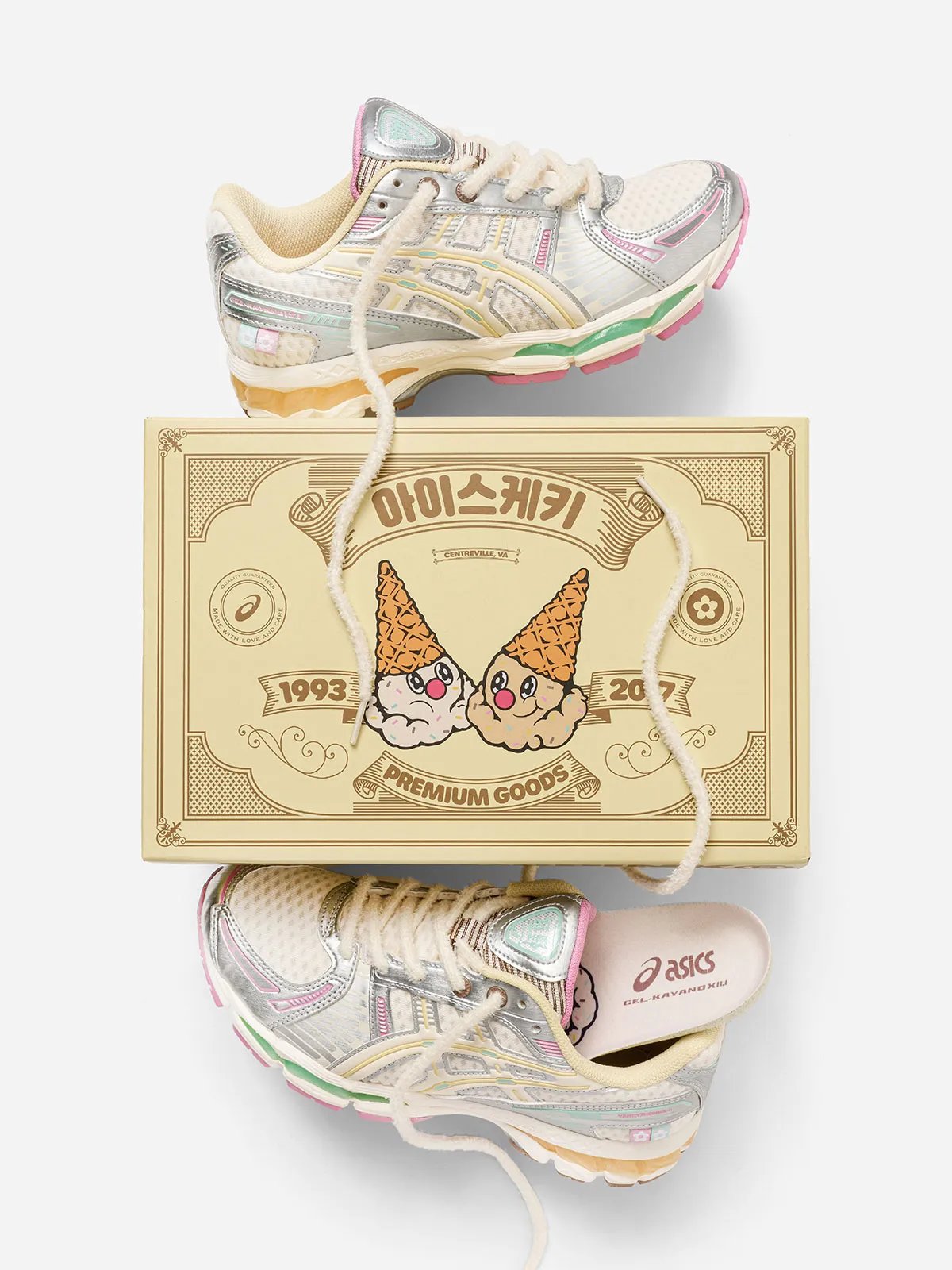 VANDYTHEPINK x ASICS GEL-Kayano 12.1 Vanilla colorway with waffle-textured white mesh upper and rainbow sprinkle accents - detail view 3