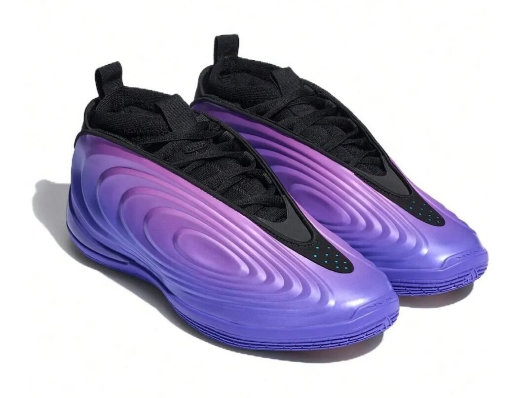 adidas Harden 10 CGA in glossy purple with Laser Blue accents and ripple texture detailing