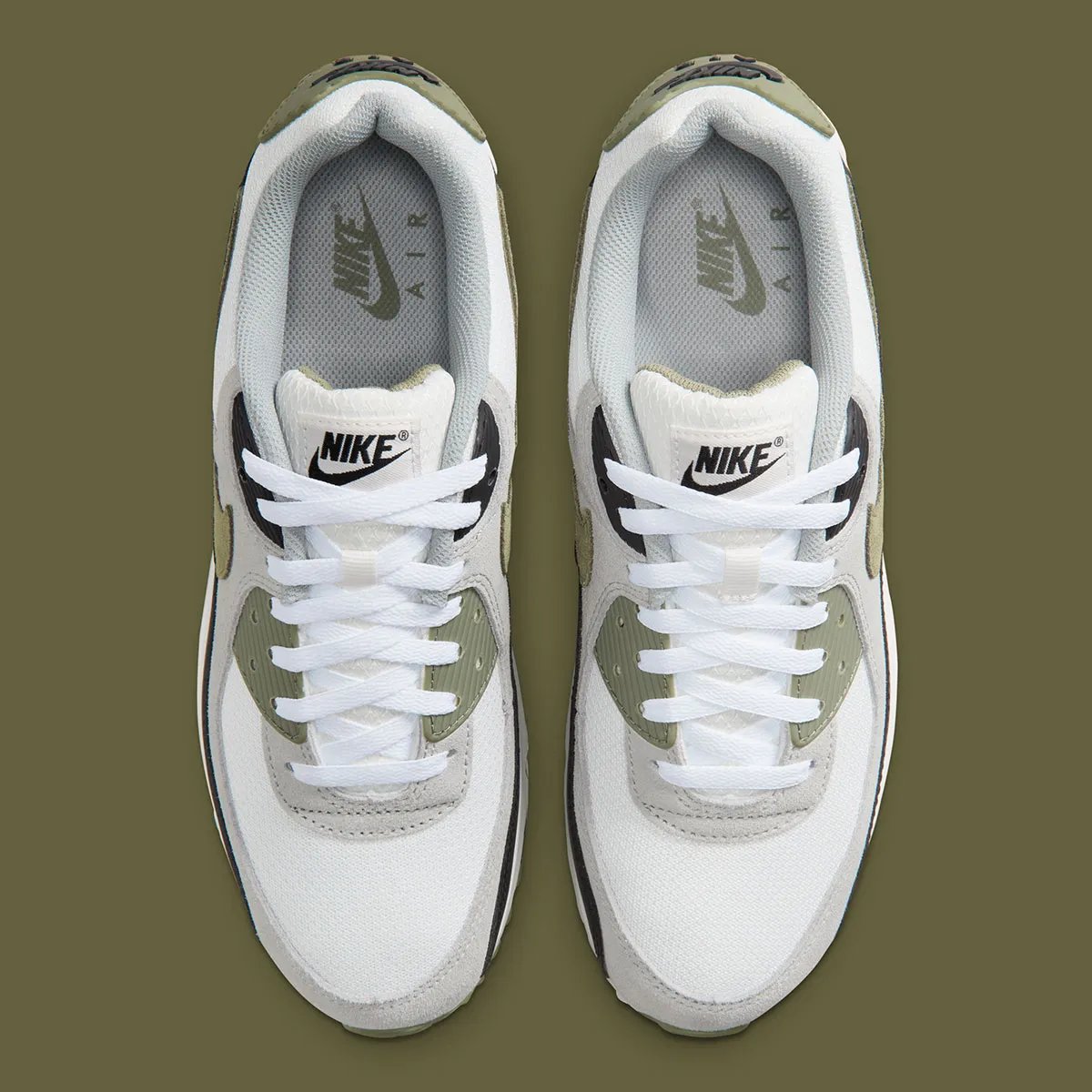 Nike Air Max 90 in Silver Sage colorway, showing OG color blocking on mesh and synthetic upper - detail view 4