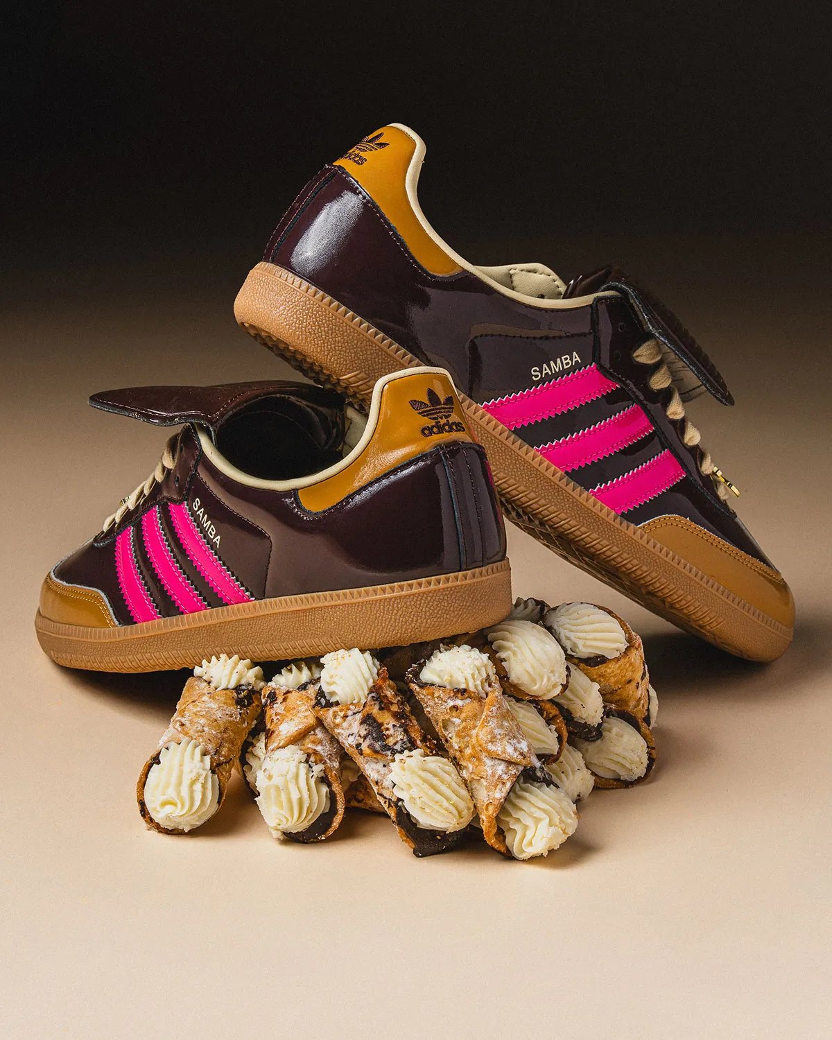 Asphalt x adidas Samba Cannoli in wheat patent leather with brown base and interchangeable pink, wheat, and brown tongue covers - detail view 4