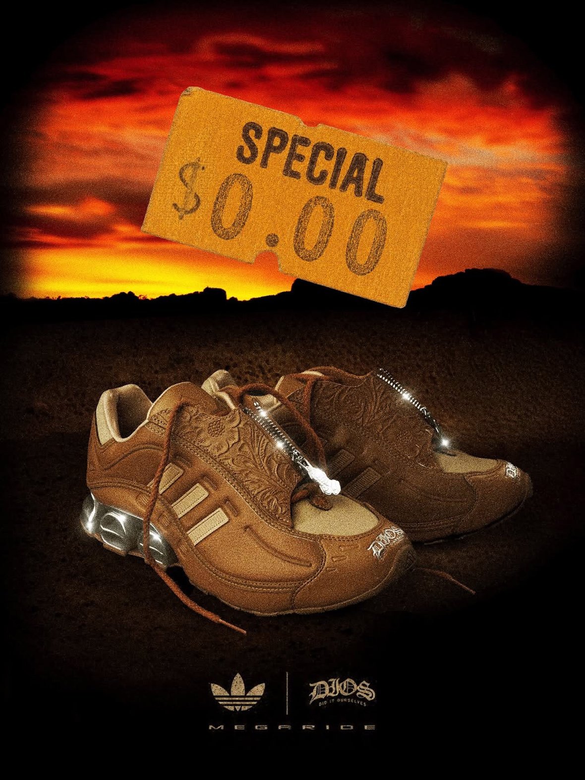 DIOS x adidas Megaride Friends & Family in saddle tan leather with embossed paisley shroud detail - detail view 2