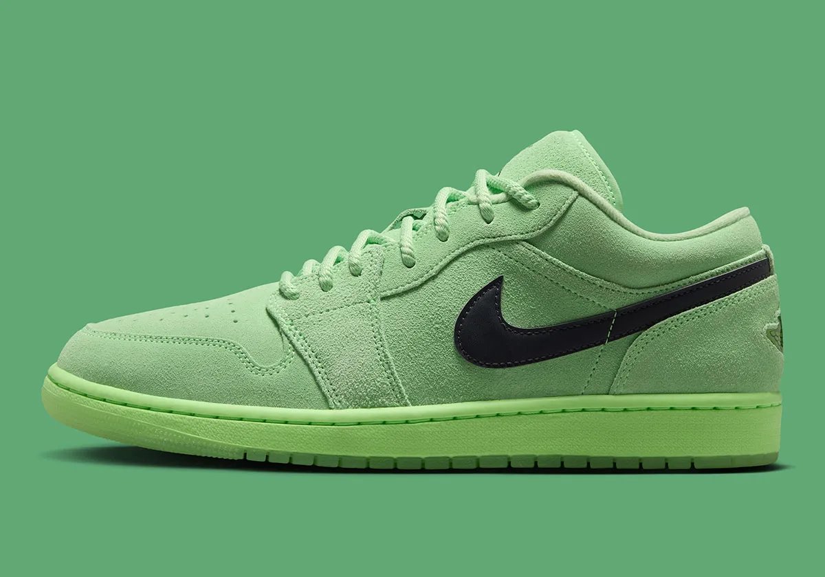 Air Jordan 1 Low Avalanche Lime with suede upper mimicking tennis ball texture and jeweled Wings logo cutout - detail view 1