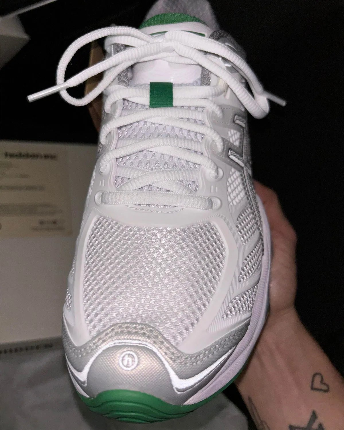 Hidden NY x ASICS GEL-Kinetic 2.0 collaboration featuring white upper with green heel overlay and half-tone ASICS strikes - detail view 2