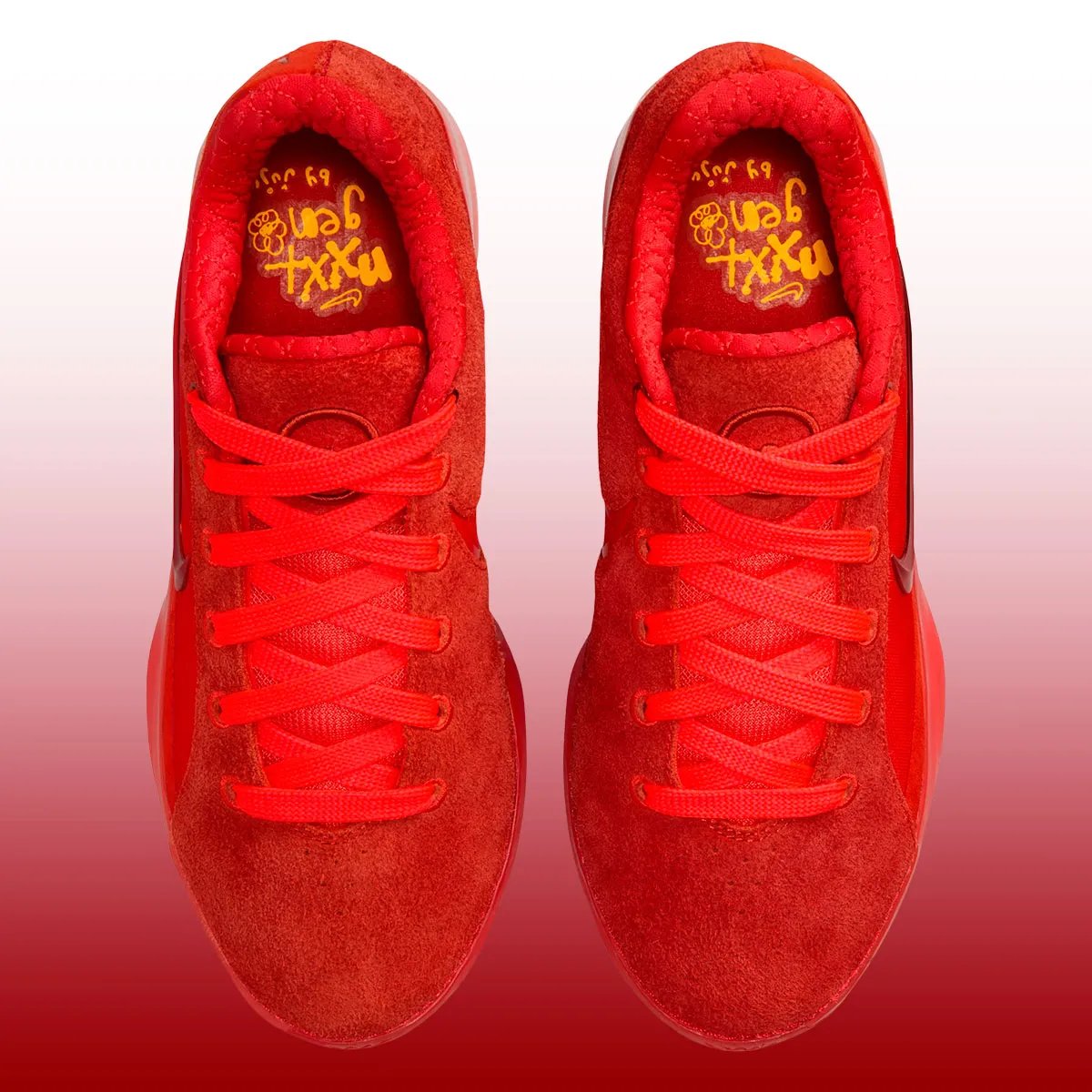 Nike Zoom LeBron NXXT Gen in Crimson Red colorway, front three-quarter view showing upper and midsole details - detail view 4