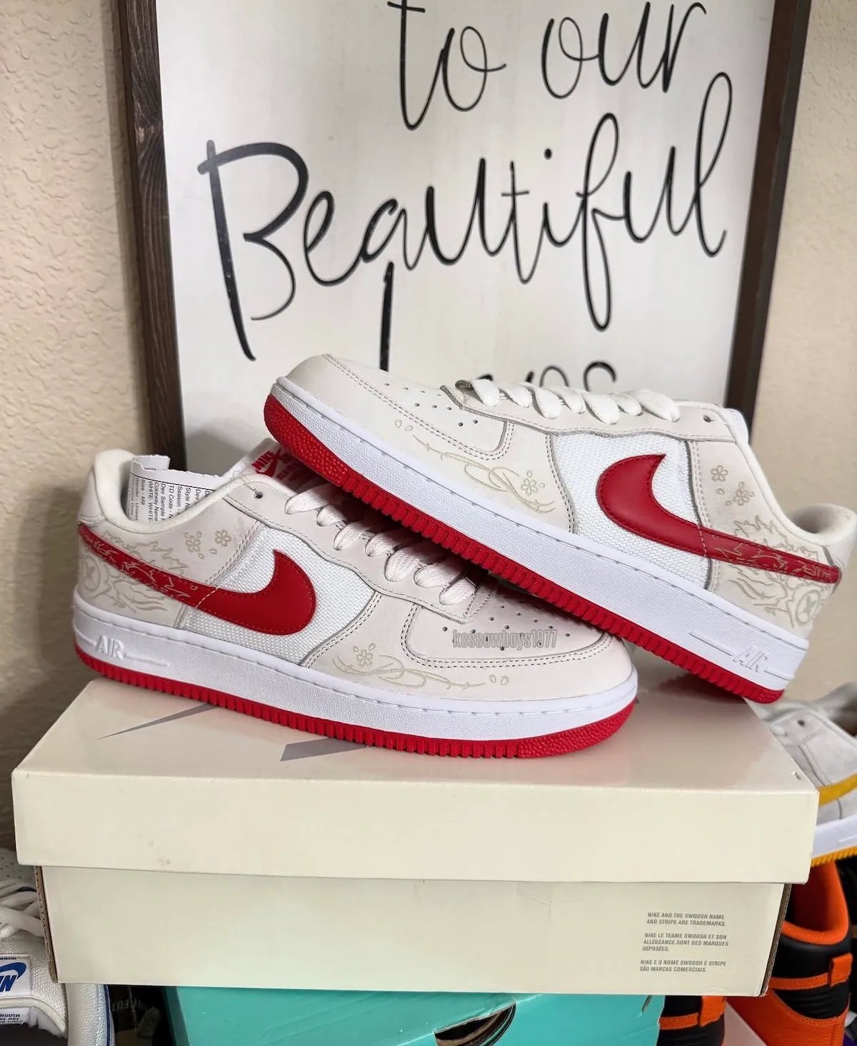 Yuto Horigome x Nike SB Air Force 1 Laser featuring white and red colorway with laser-etched cherry blossom graphics and custom details - detail view 2
