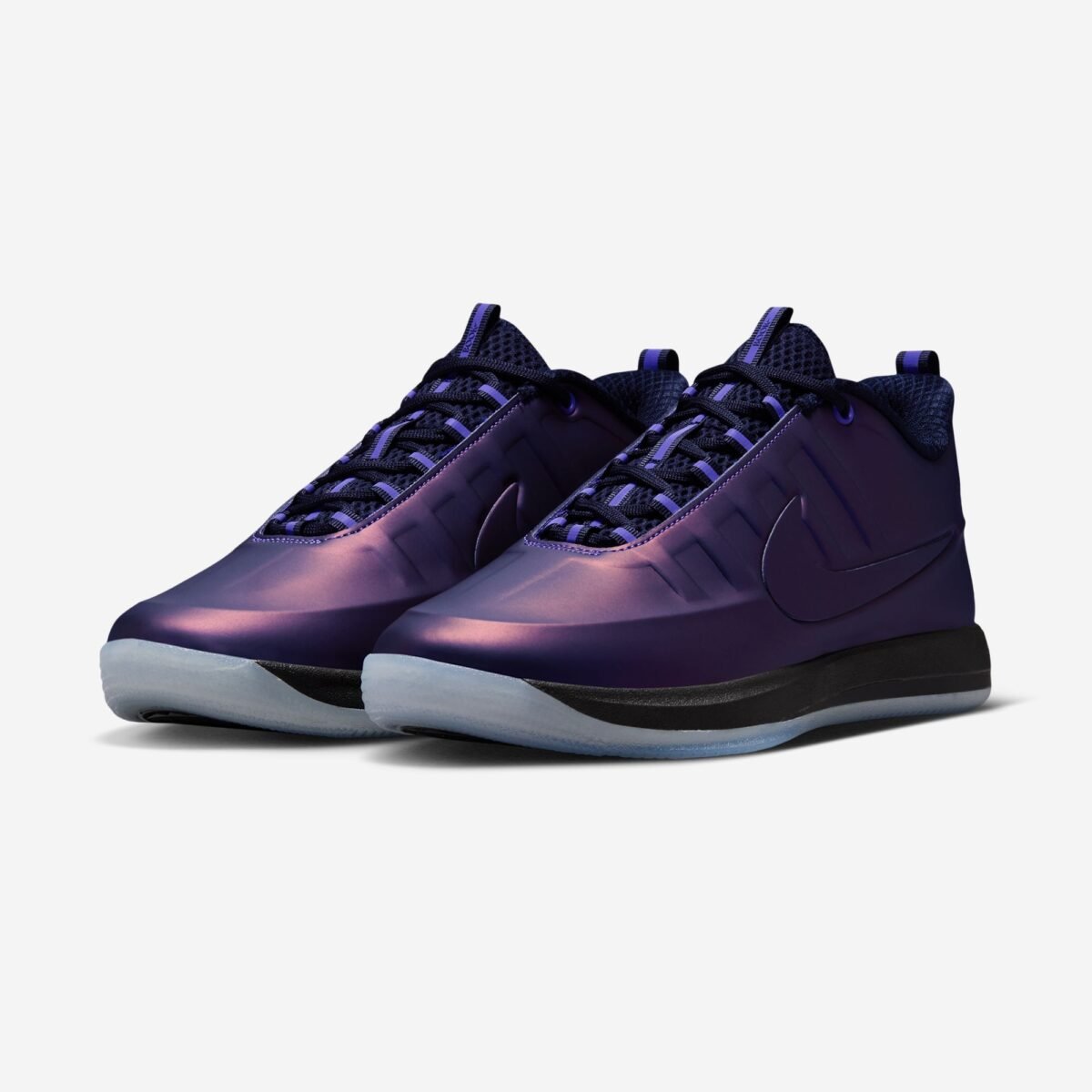 Nike Book 2 PRM Eggplant Foamposite in Varsity Purple with black accents, featuring Foamposite construction - detail view 1