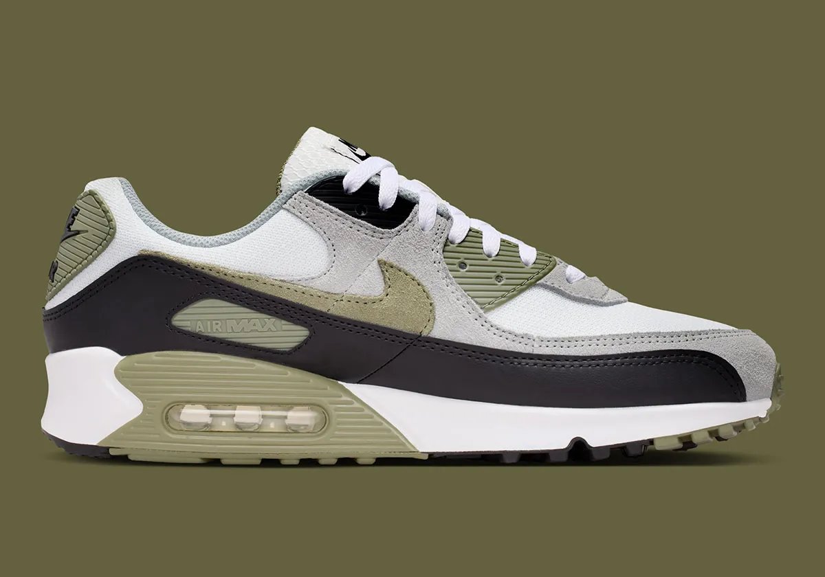 Nike Air Max 90 in Silver Sage colorway, showing OG color blocking on mesh and synthetic upper - detail view 3