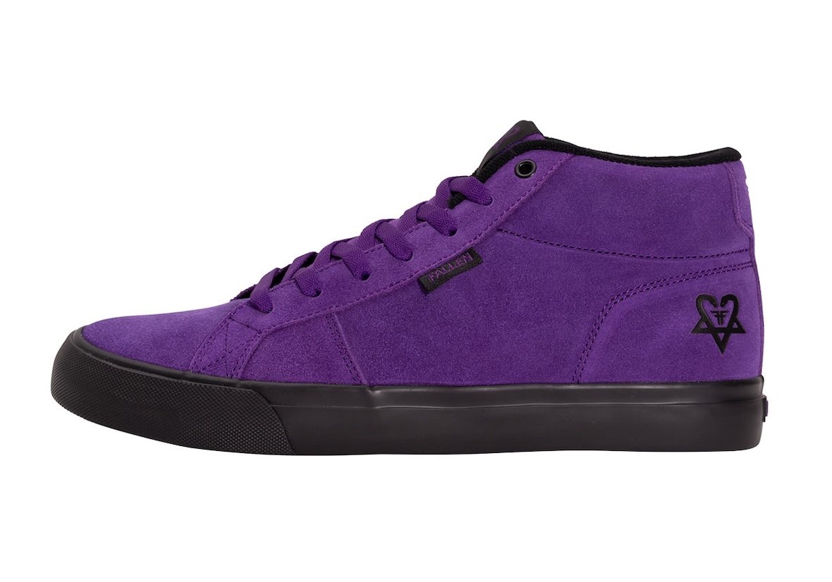 Bam Margera x Fallen Footwear collaboration featuring black and purple Corsair, Heritage, and Bomber silhouettes with Heartagram logo detailing - detail view 3