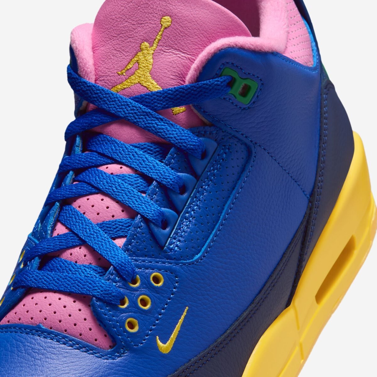 Air Jordan 3 Brazil colorway in blue and gold, May 2026 release - detail view 5