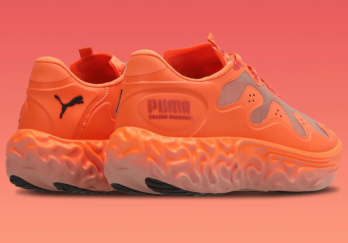 Salehe Bembury x PUMA Velum NITRO 2 in chrome and yellow colorway showing fingerprint sole detail and redesigned upper - detail view 3